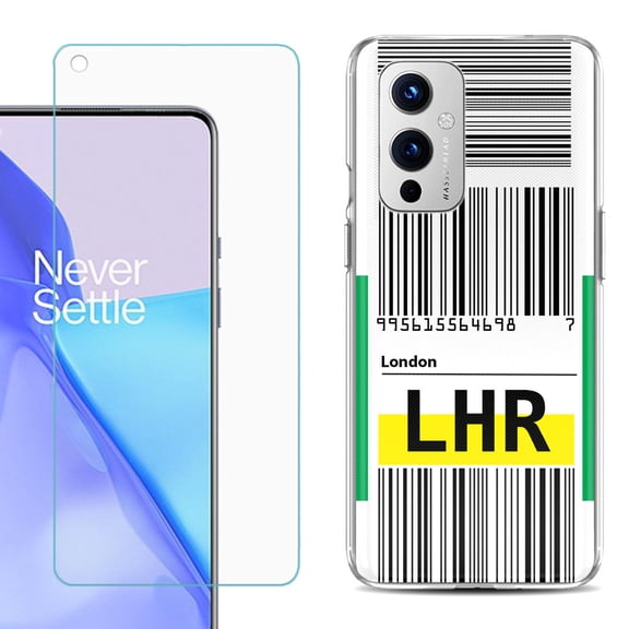 Slim-Fit TPU Phone Case Compatible with OnePlus 9 5G, with Tempered Glass Screen Protector, by OneToughShield ® - Airport Tag / London