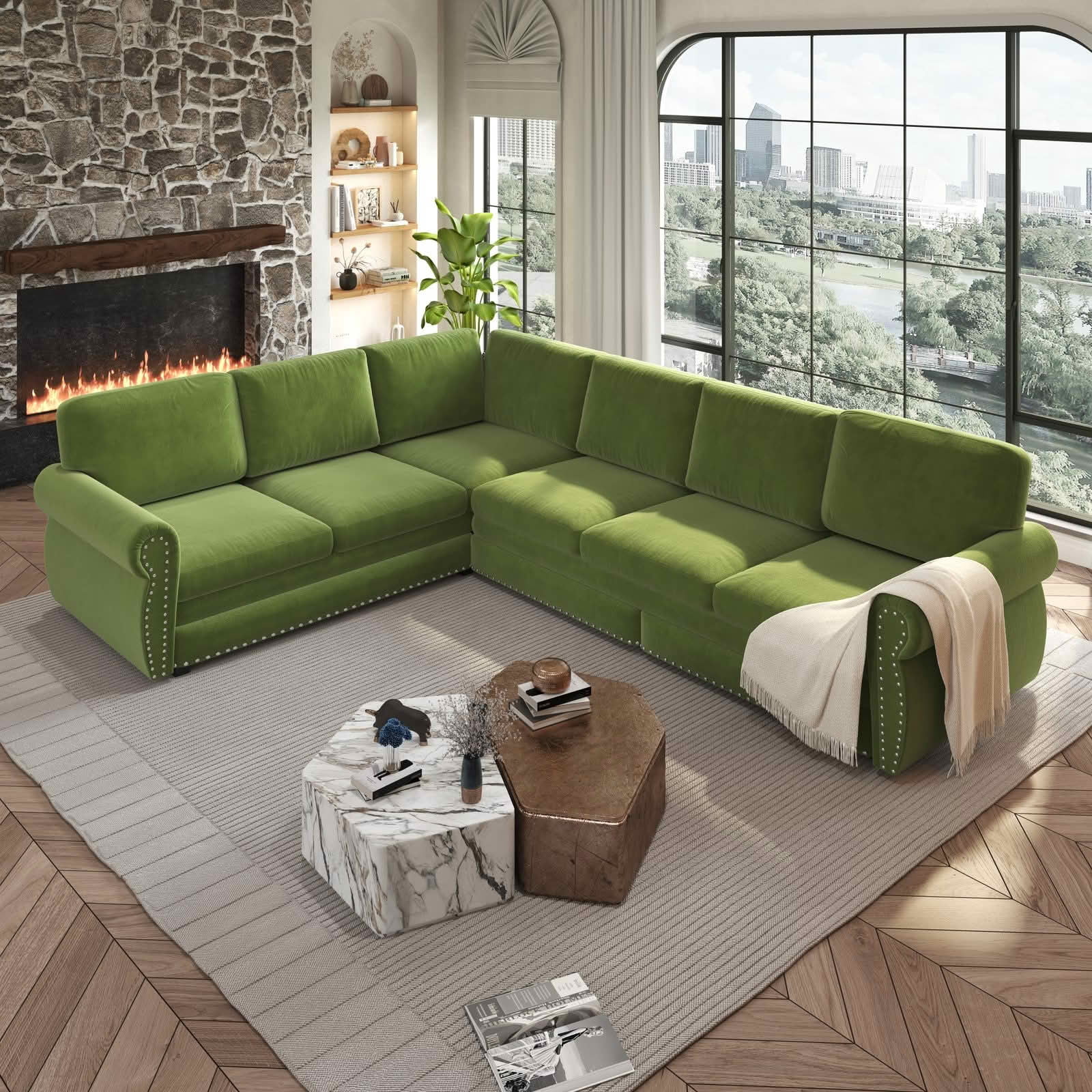 MAYEERTY 118" L‑Shaped Convertible Pull‑Out Sofa Bed, Chenille Sectional Couch with Nailhead Trim & Rolled Arms, Oversized Multifunctional Sleeper Sofa