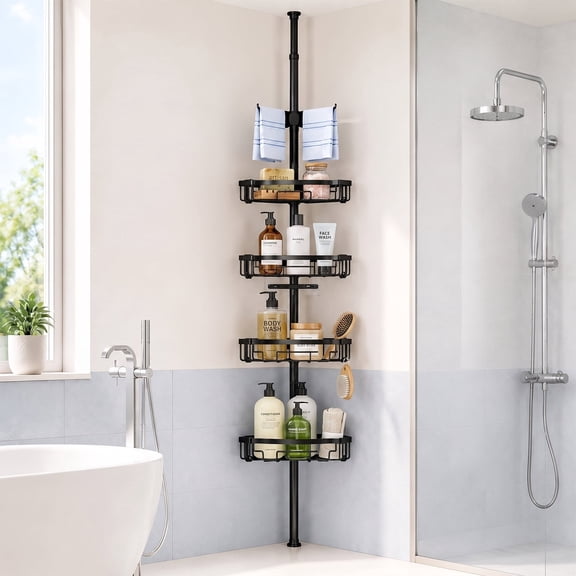 4-Tier Adjustable 62-115 Inch Tension Pole Corner Shower Organizer, Rustproof Bathroom Storage Shelves, Bathtub Tub Rack for Shampoo