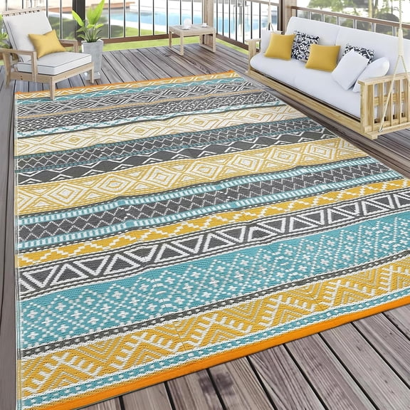 10x20 Ft Outdoor Rug for Patio Non Slip Stain Resistant Foldable Teal and Yellow