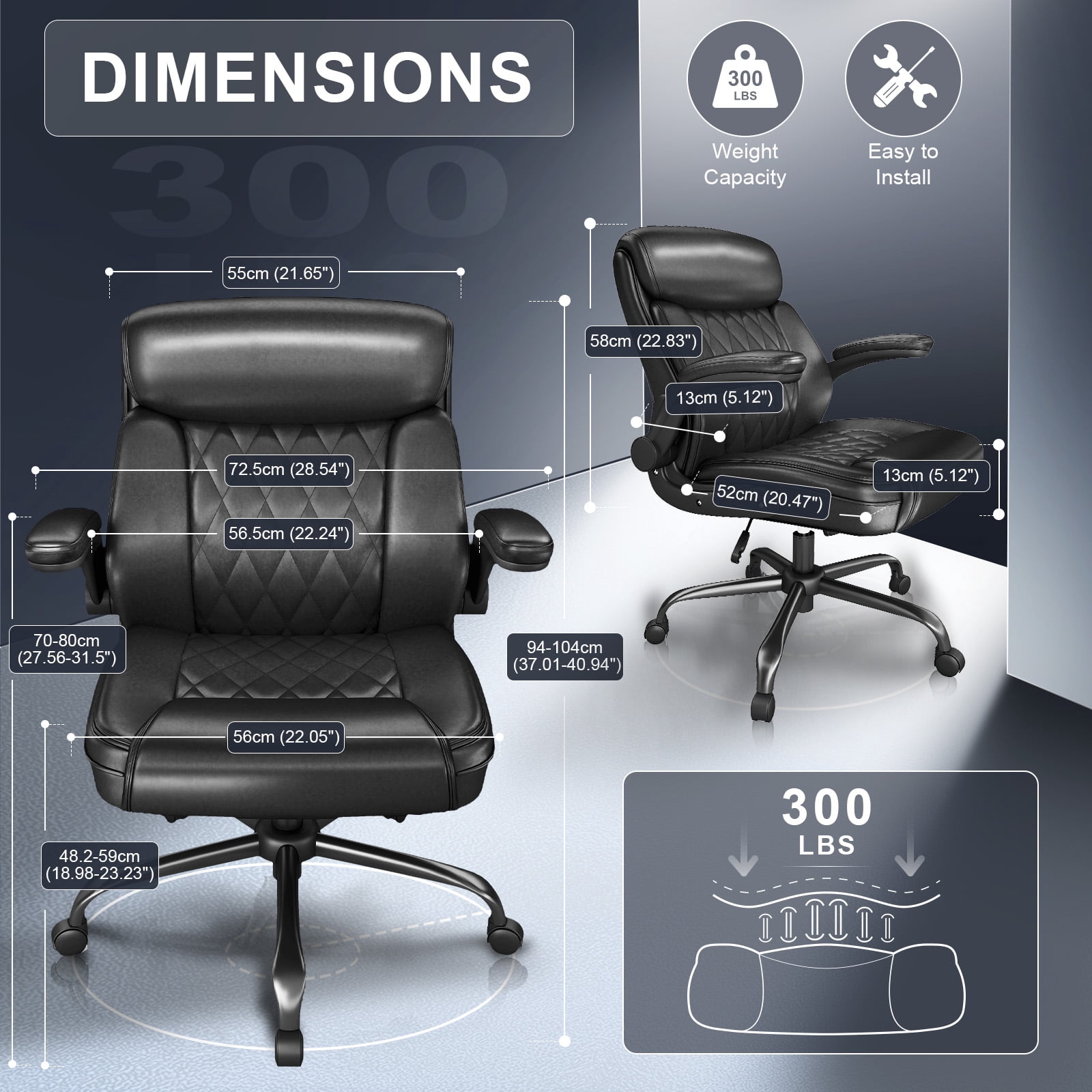 Mid-Back Executive Office Chair, Black PU Leather, Diamond-Stitched, Adjustable Armrests, Lumbar Support, Ergonomic Swivel Desk Chair