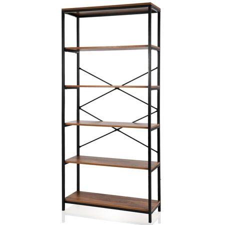 20 Wide Bookshelf 5-tier Wooden Bookcase Storage Shelves Organizer, Retro Bookshelf Plant Display Shelf, Wood and Steel Frame Open Wide for Balcony, Stud HFON ()
