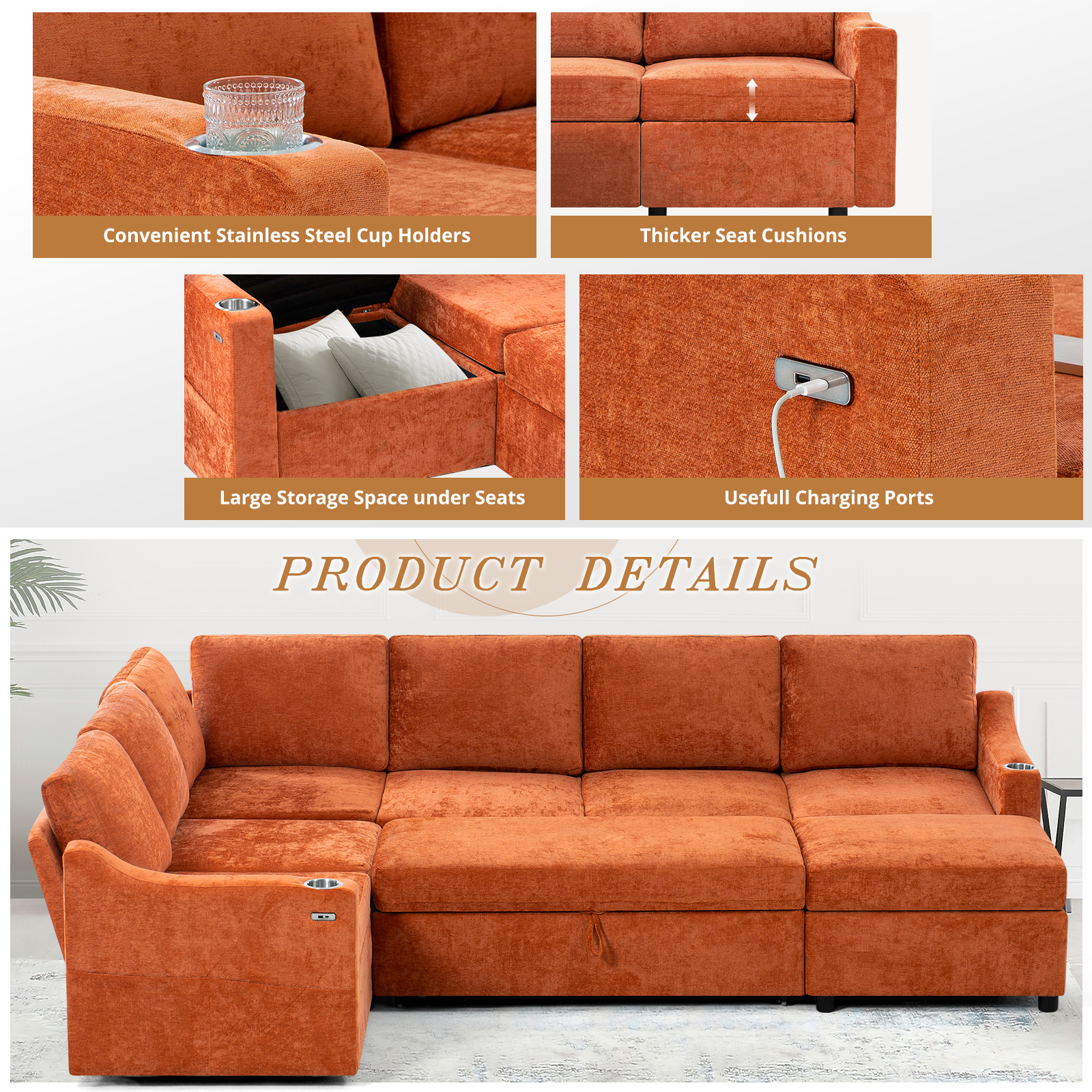 ACMEASE 116 Inches Chenille Sectional Couch w/Adjustable Backrests & Ottoman, Convertible U Shape Sleeper Sofa w/USB Ports, Modular Corner Sofa w/Pull-Out Bed & Storage Space for Living Room, Orange