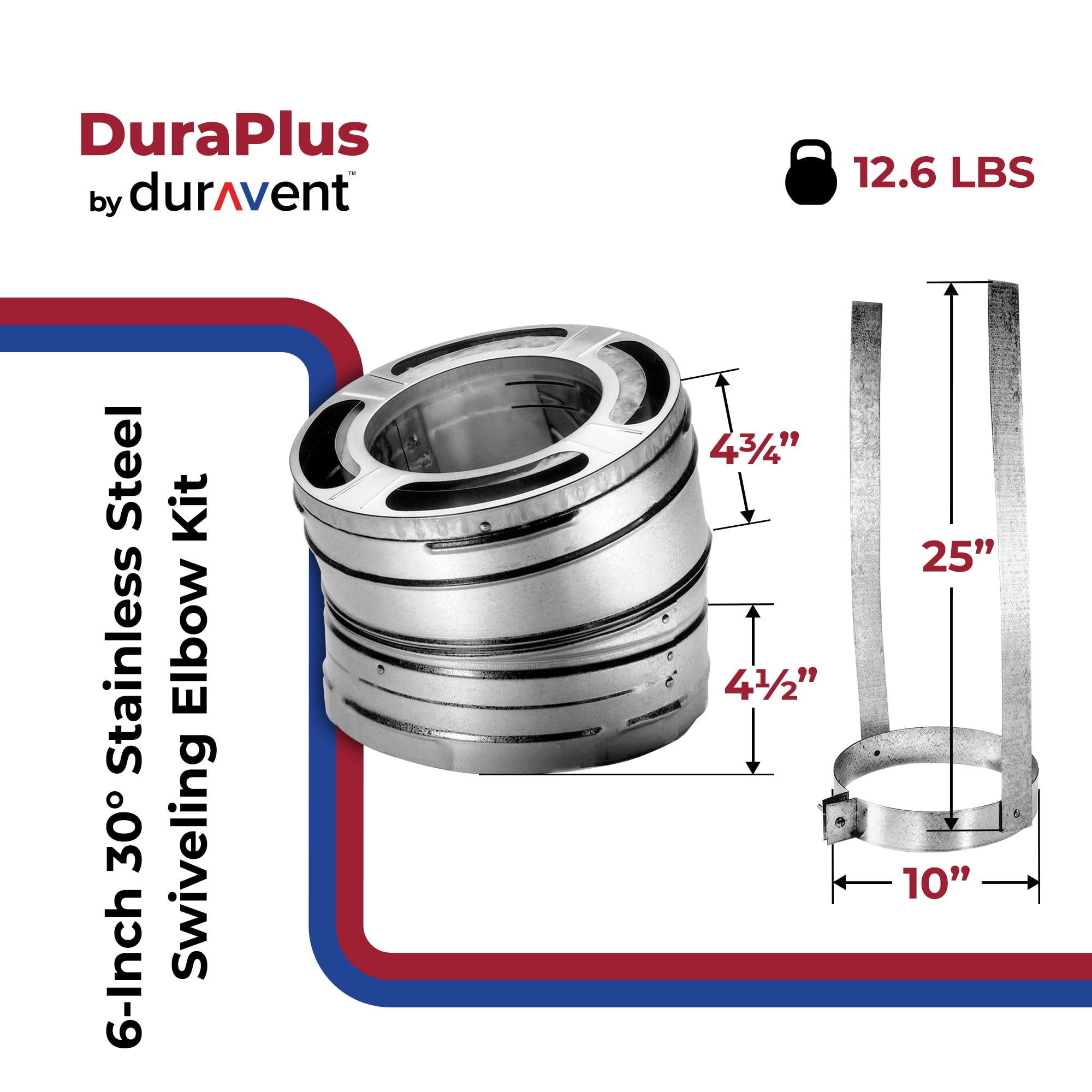 DuraVent 6" 30-Degree Stainless Steel Swiveling Elbow Kit for Wood Stove Venting, DuraPlus