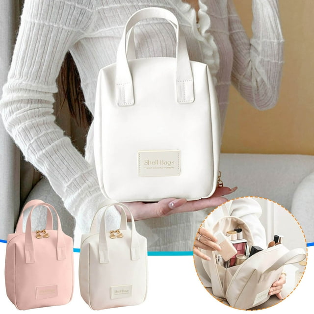 Xihbxyly Bolsa de Maquillaje Portátil, Diseño de Gran Capacidad, Almacenamiento Versátil para Cosméticos, Elegante Piel Sintética, Fácil de Limpiar, Organizador de Viaje, Color Blanco/Rosa, Incluye 1