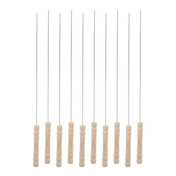 Brochetas redondas de acero inoxidable para barbacoa, 10 Uds., con mango de madera