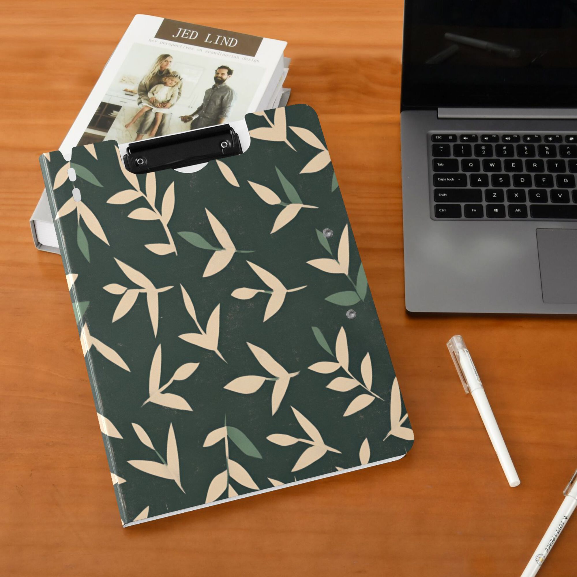 FORMRS A4 Clipboard Folder with Pen Holder Horizontal Foldable School Office Binder, Green Leaves