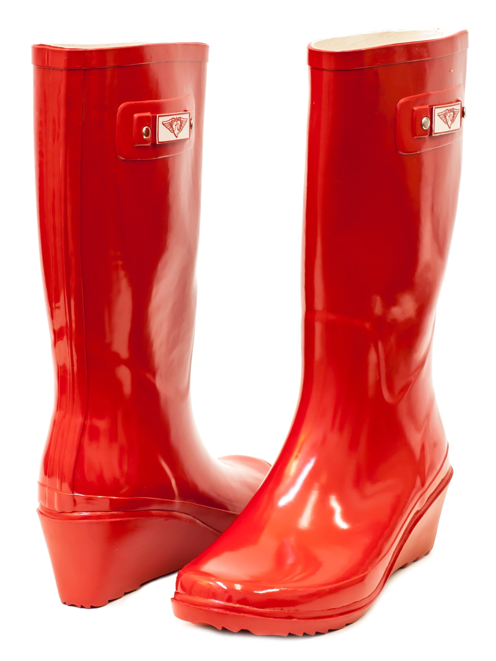 red rubber rain boots