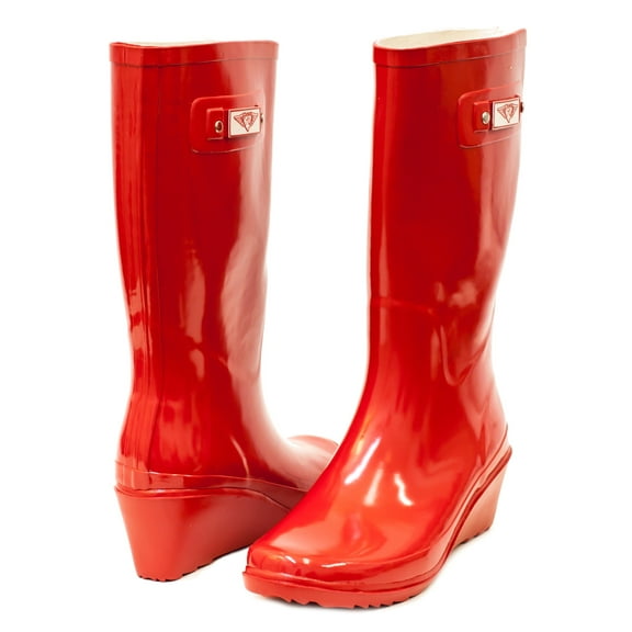 Women Red Rubber Rain Boots, Wedge Heel Design w/ Cotton Lining