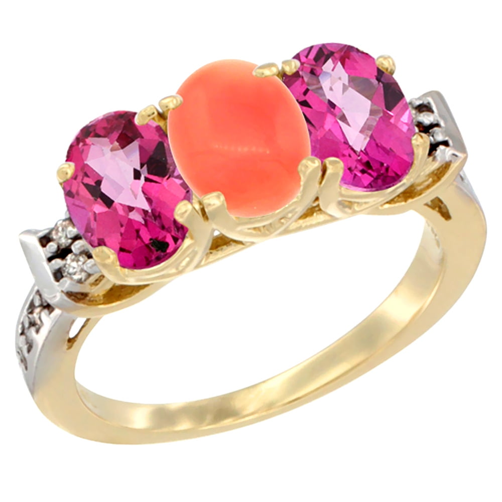 10K Yellow Gold Natural Coral & Pink Topaz Sides Ring 3-Stone Oval 7x5 mm Diamond Accent, sizes 5 10 by WorldJewels