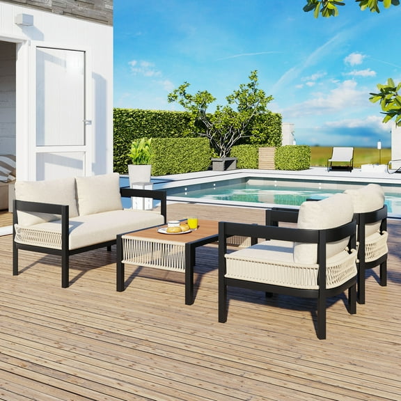 4 Piece Outdoor Sofa Set with Table and Chairs, Rattan Patio Furniture with Waterproof Cushions, Durable Garden Conversation Set for Backyard, Lawn, and Poolside