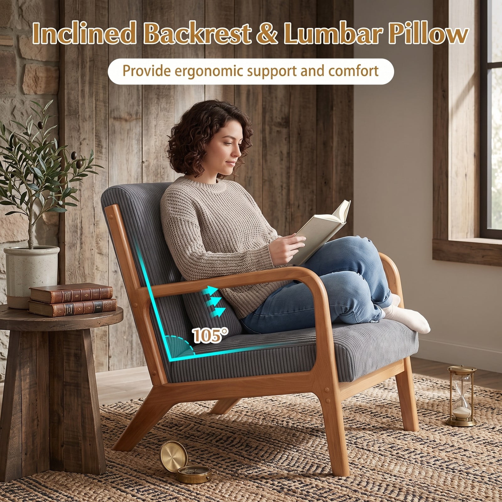 Furnibear Accent Chair, Corduroy Upholstered Lounge Chair with Lumbar Pillow, Ergonomic 105-Degree Backrest, Solid Wood Frame Armchair for Living Room Bedroom, Gray