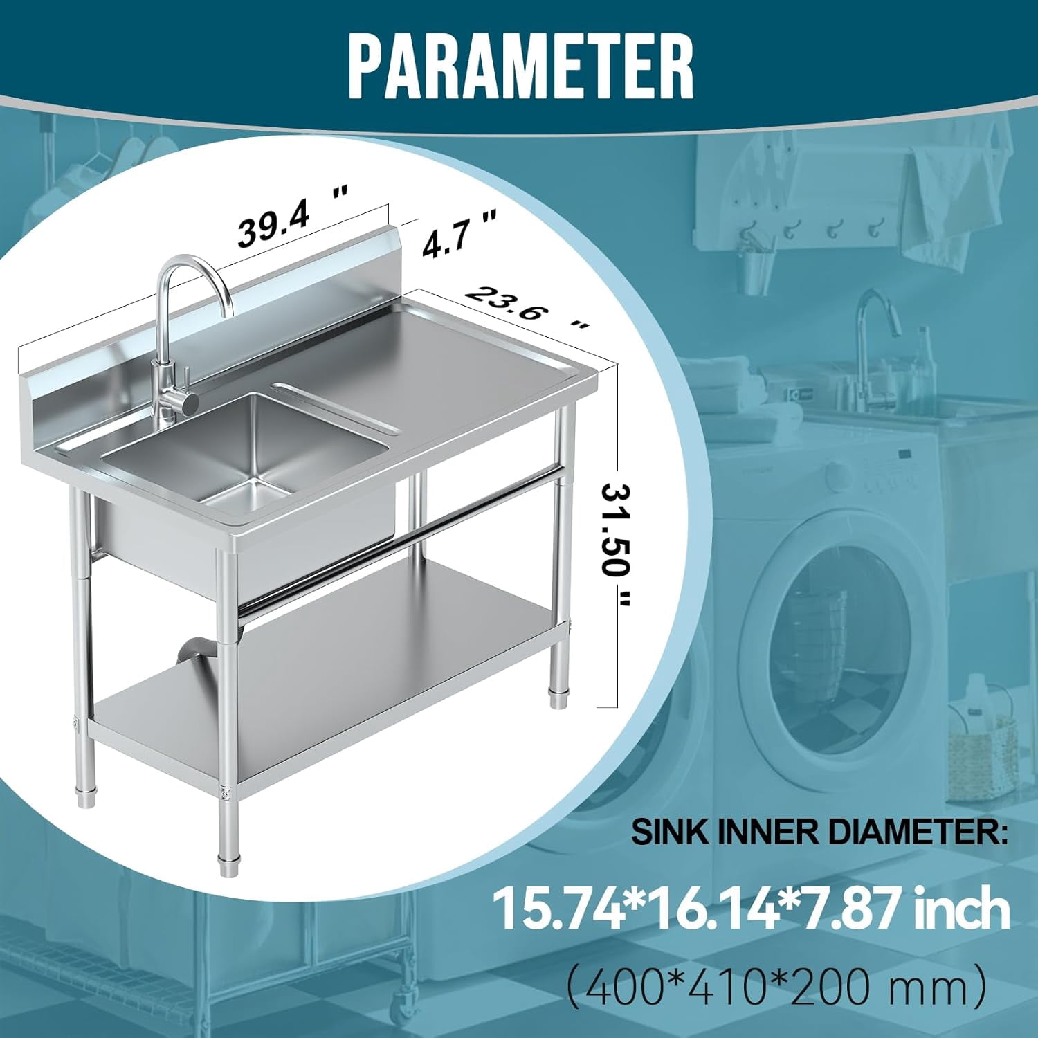 40" Sink with Worktop Freestanding Easy Installation Kitchen Dishwashing and Vegetable Drainage Washing clothes in the bathroom, etc. Can also be prevented in outdoor locations where water is needed