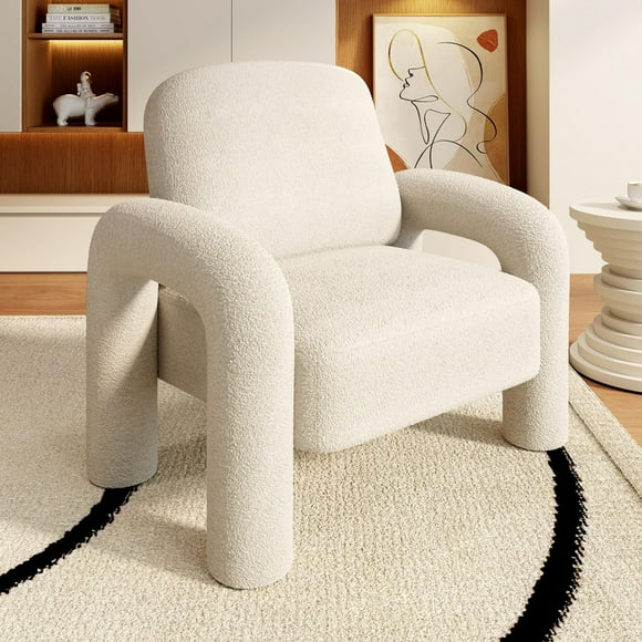 SEYNAR Modern Sherpa Accent Chair, Teddy Upholstered Armchair Single Sofa, Cozy Fluffy Reading Chair for Living Room, Bedrooms, Corner(White)