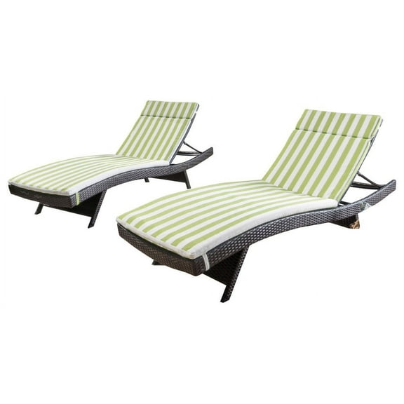 GDF Studio Savana Outdoor Wicker Lounge with Water Resistant Cushion, Set of 2, Multibrown/ Green and White Stripe