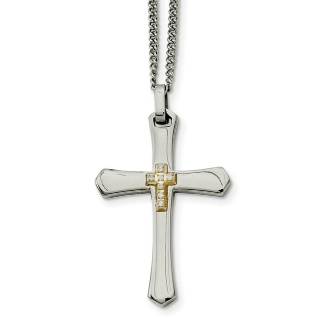 Stainless Steel 14k Accent with Diamonds Cross Necklace 22in