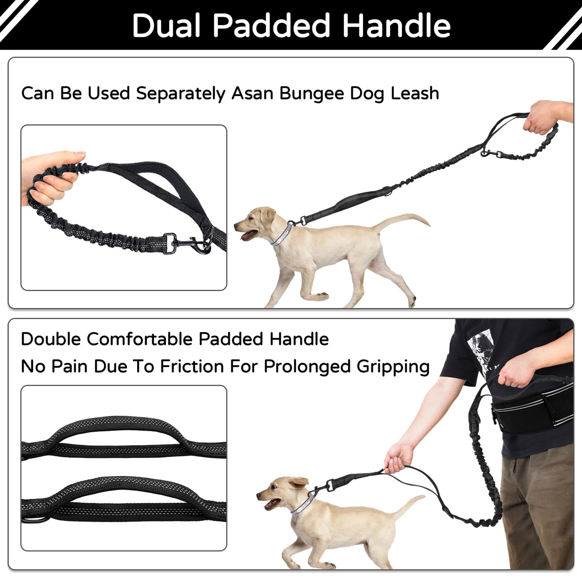4 in 1 Hands Free Waist Dog Leash, Waist Leash for Dog Walking, Waist Running Leash with Zipper, Walking Pouch for Dog Walking,Reflective Dual Padded Handles Walking Leashs, Bungee Retractable Leash