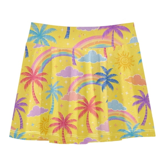 Girls' Skorts Elastic Waist Skorts with Inner Shorts Athletic Workout Shorts Skirts Colorful Palm Trees and Clouds X-Small