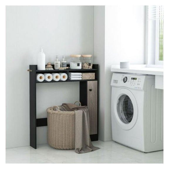 Bathroom Over Toilet Storage Organizer, Adjustable Shelves, MDF Engineered Wood, 34.5" x 7" x 39", White/Black, 100 lbs Capacity, Space Saver for Small Bathrooms