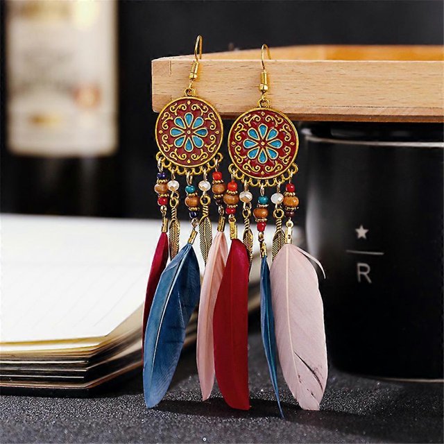 Boucles d'Oreilles Pendantes Rétro Boho à Pampilles Plumes Crochet d'Oreille Bijoux pour Femmes Cadeaux