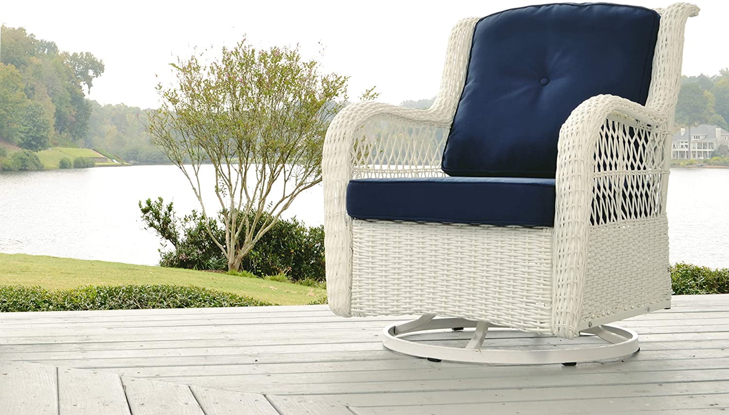 Rio Vista White and Navy Blue Resin Wicker Swivel Glider Chair