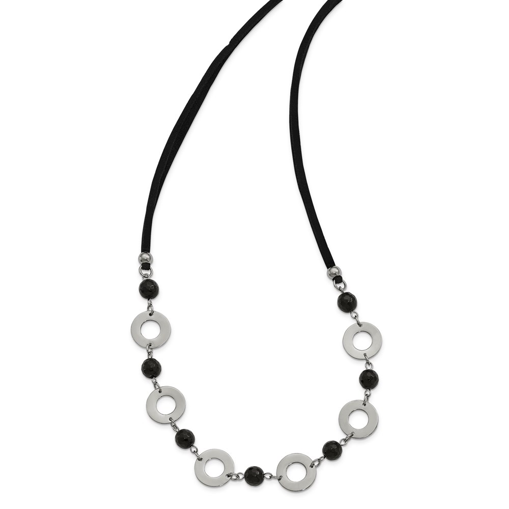 Stainless Steel Fancy Necklace Chain Polished w/Black Agate w/1.5in ext Leather Cord 27 inch