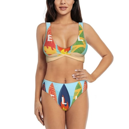 Zeuib Hello Summer3 High Waisted Tummy Control Bikini Set - Knot Front Push Up Top & Cheeky Thong Bottom  Two-Piece Swimsuit for Women-Large