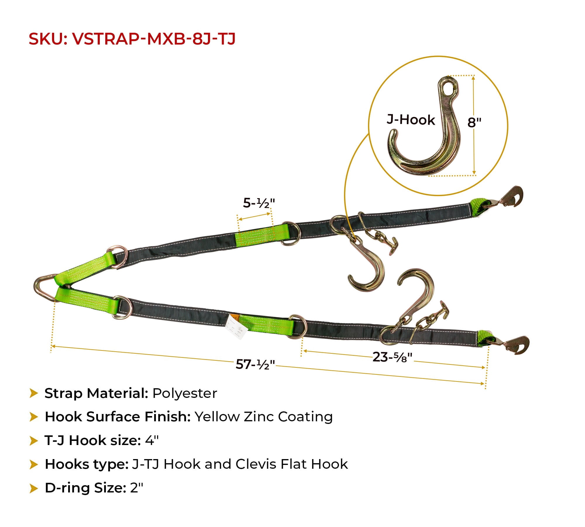 2Pcs V Bridle Tow Strap w/ Snap Hook, 8" J-Hooks, & T-J Hook - 3333 lbs WLL, Leg Size-36"-48" High Abrasion Recovery V Strap w/ D Ring Middle Towing Equipment for Car Hauler & Rollback