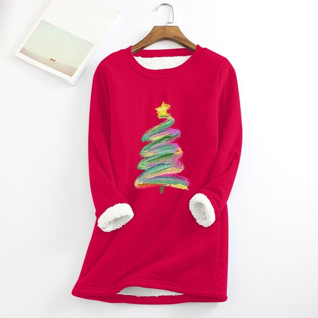 Meichang Chandail en Molleton en Polaire pour Femmes Grande Taille Graphique Arbre de Noël Doublé Sherpa Chandail en Molleton Chaud d'Hiver Manches Longues Col Rond Chandail Rouge m
