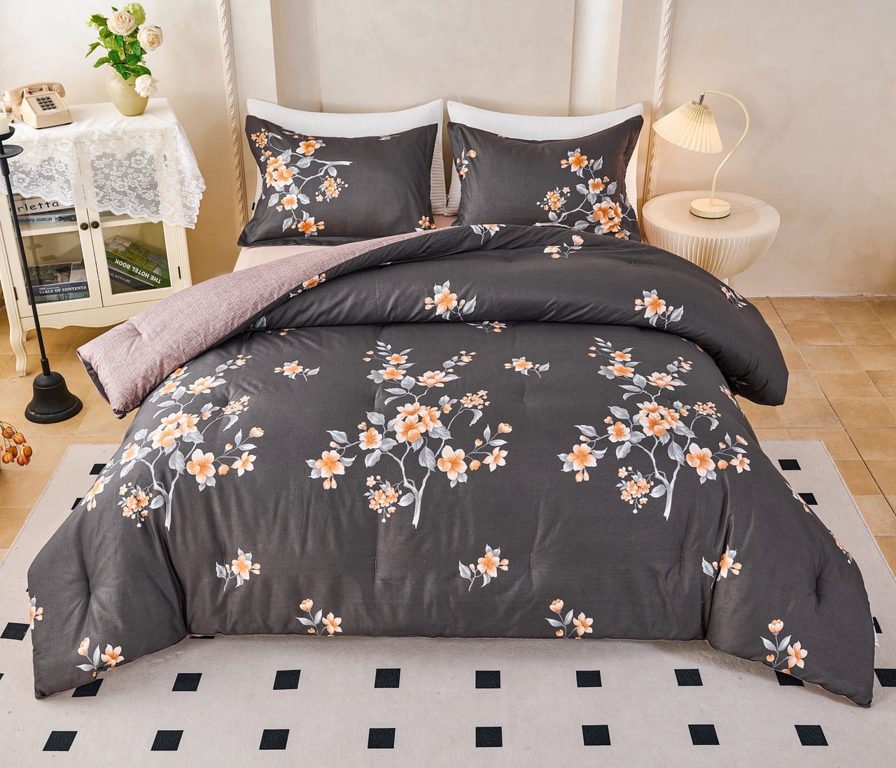 Koniroom 3Pcs Dark Grey Floral Comforter Set Queen Size – Reversible Blossom Bedding with Orange Flower Blooms, Modern Glam