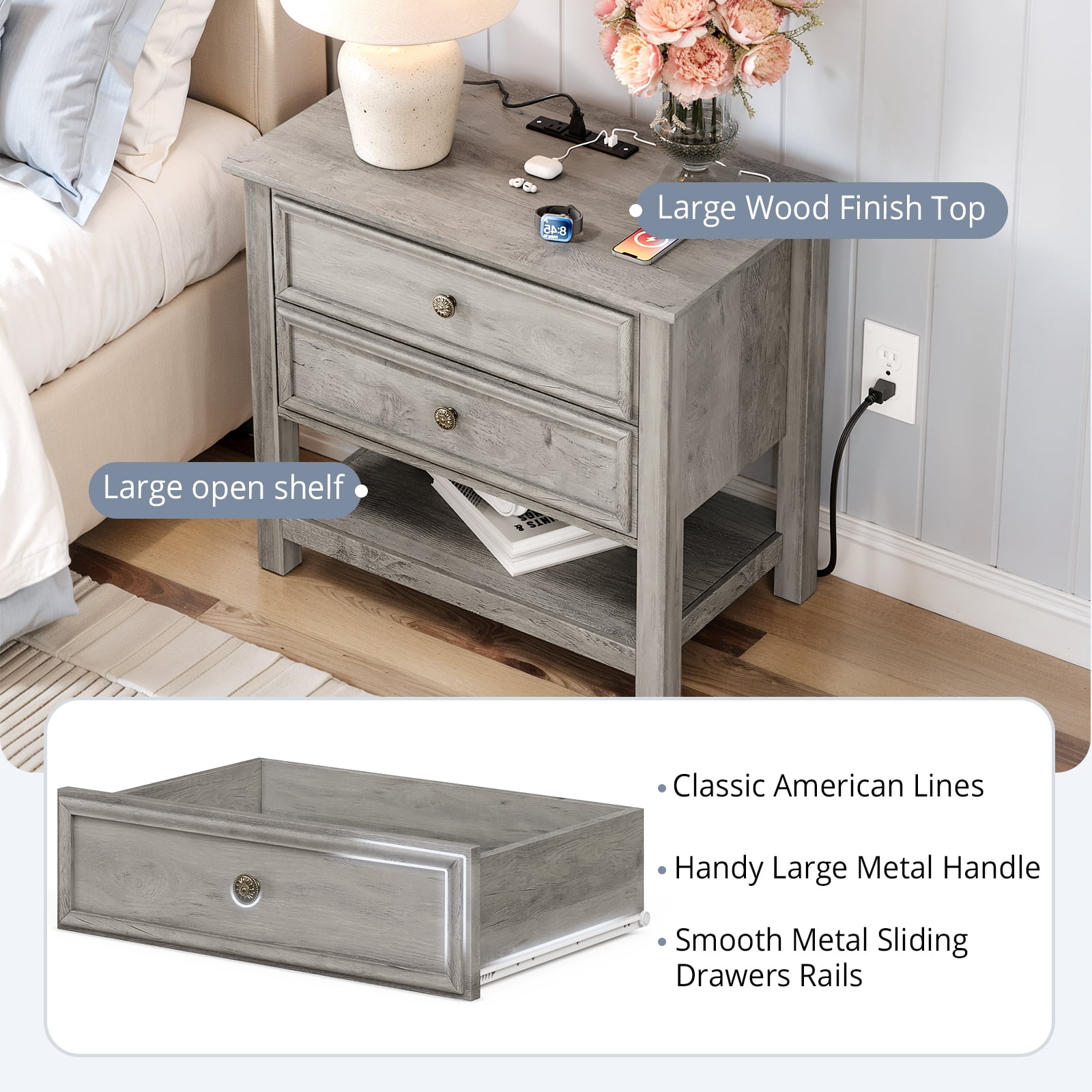 Holliwill 26.7" Wide Nightstand Set of 2 with Charging Station, Farmhouse Nightstands with 2 Drawers and Open Storage, End Table Bedside Table for Bedroom Living Room, Gray