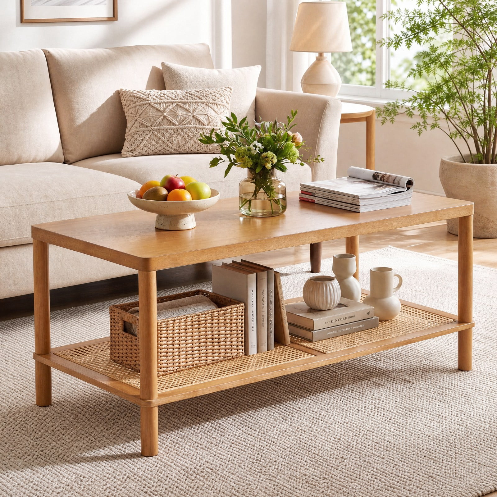Furnibear 2 Tier Boho Rectangular Coffee Table with Rubber Wood Frame and Faux Rattan Open Storage Shelf for Living Room Home Office, Rustic Brown