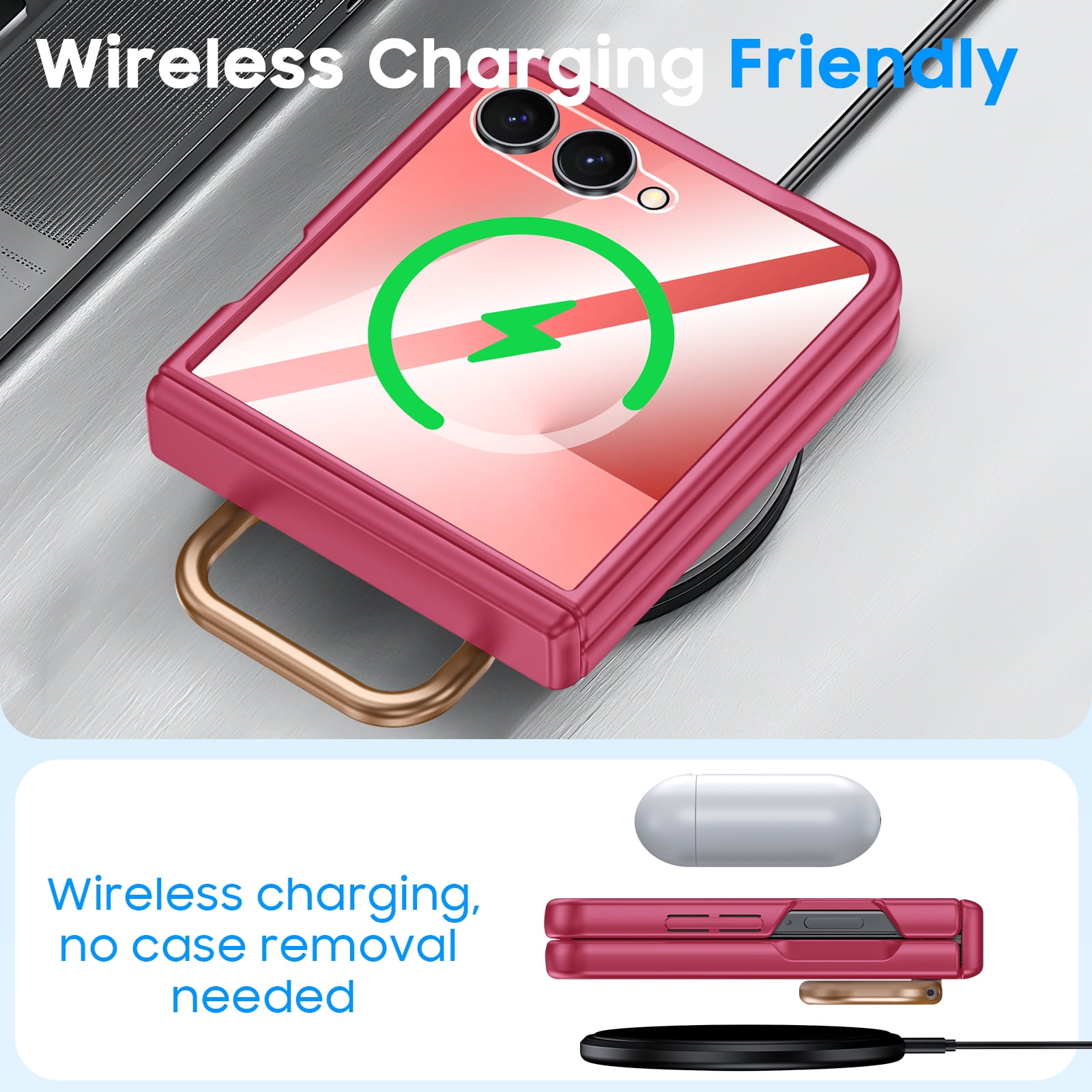 Vizvera for Samsung Galaxy Z Flip 7 Case with Ring Holder & Screen Protector & Hinge Protection,Wireless Charging,Skin Feel Matte PC,Shockproof Phone Case-Rose Red