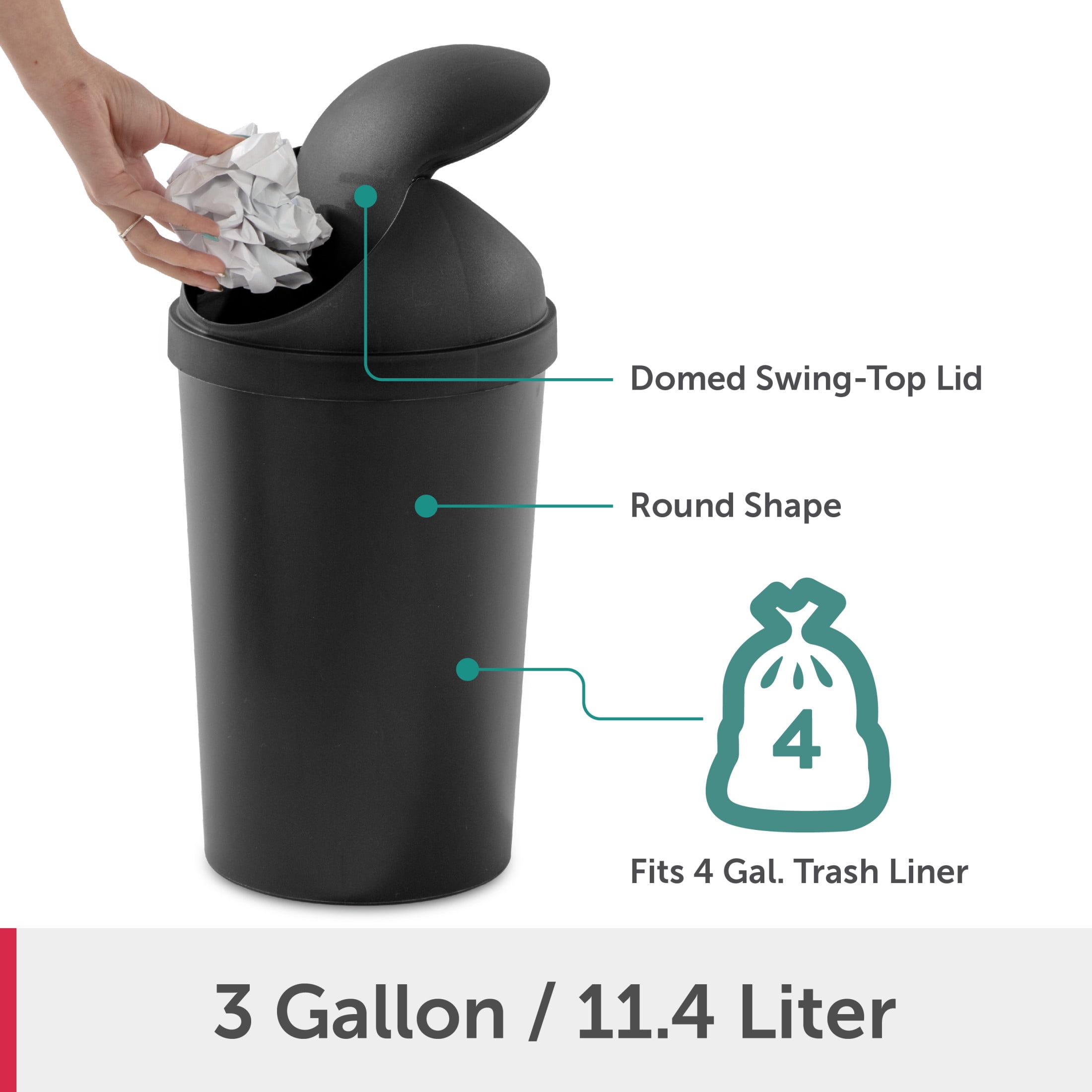 Sterilite Bathroom Trash Can, 3 Gallon Small Plastic Garbage Bucket Bin with Swing Top Lid, Black