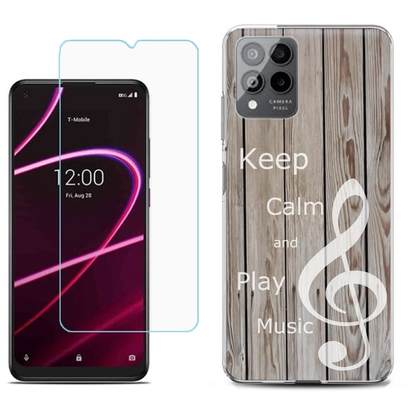 Slim-Fit Gel TPU Phone Case for T-Mobile Revvl 6 Pro 5G, with Tempered Glass Screen Protector, by OneToughShield ® - Wood/Music