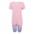 thumbnail image 4 of HOZADOIE Pink Two Piece Sets for Women Spring Summer Stylish Solid Color Short Sleeve V Neck Versatile T Shirt Top Elastic Waist Flattering Casual Shorts Breathable Matching Sets, 4 of 5