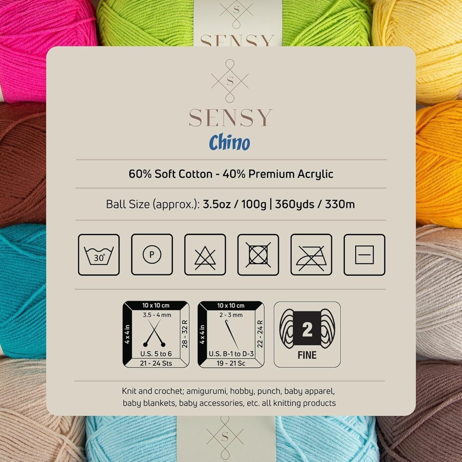 3 Skeins of Sensy Chino Soft Cotton Yarn, Soft Baby Cotton Yarn, Amigurumi Yarn, 3.5 oz, 360 Yards, Gauge 2 Fine (Brown)