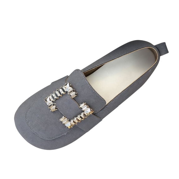 Xfvqtps Womens Rhinestone Buckle Loafers Slip on Flats Comfortable Casual Shoes Suede Like Fabric Gray