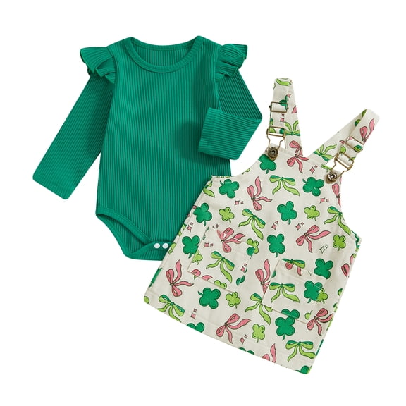 Okbabeha St. Patrick's Day Newborn Baby Girl Ruffle Long Sleeve Shamrock Print Romper Suspender Skirts Set