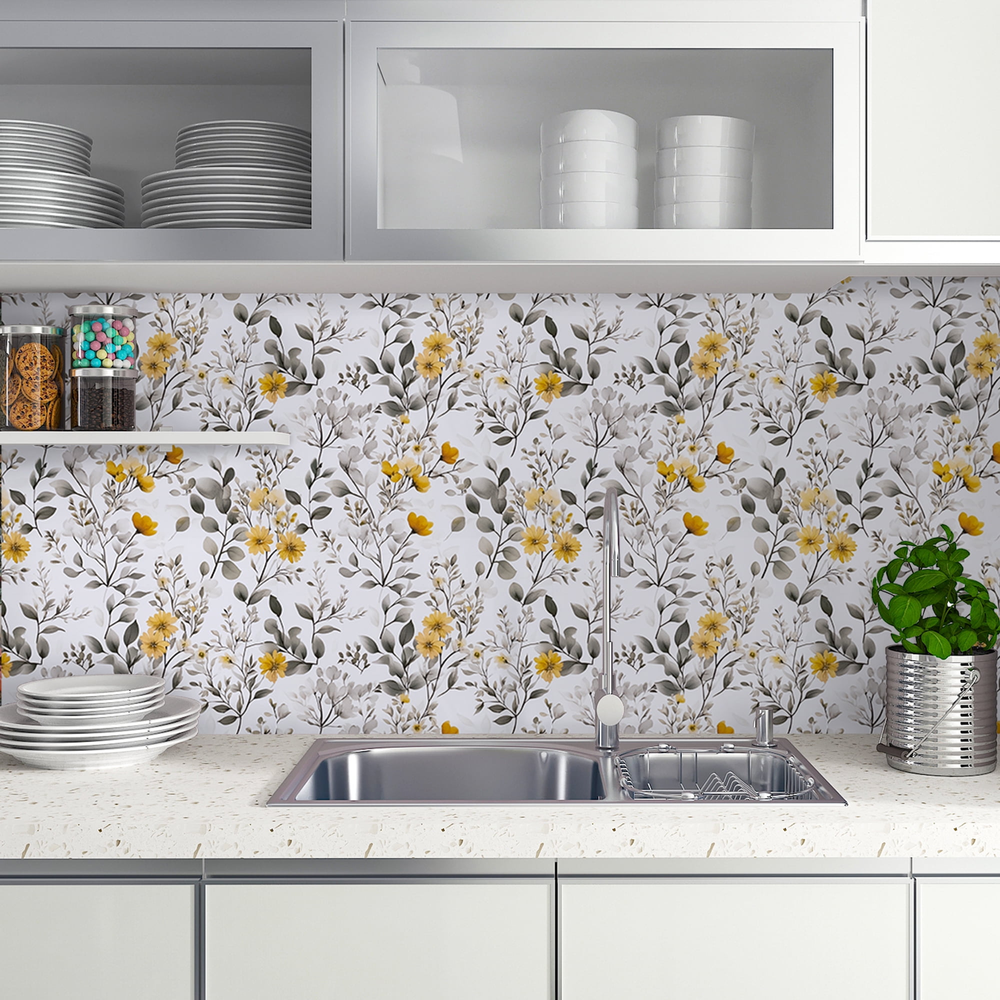 Abyssaly Floral Peel and Stick Wallpaper 17.3 "x 393" Yellow Flower and Ink-Wash Leaves Wallpaper Vintage Vinyl Contact Paper Suitable for Home Walls Cabinet Bedroom