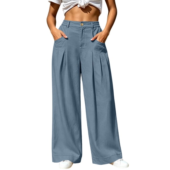 cocolona Womens Winter Casual Work Pants Button Zipper Waist Straight Wide Leg Travel Commute Pants with Pockets