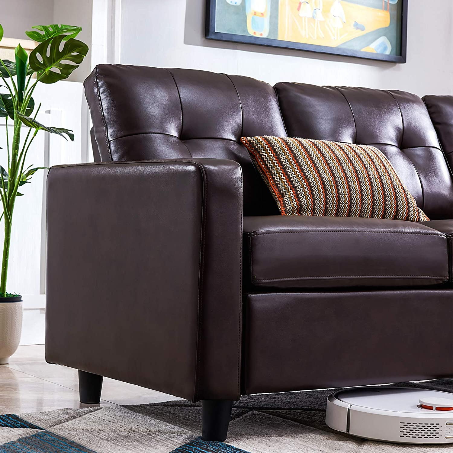 HONBAY Convertible Sectional Sofa Couch Leather L-Shape Couch with Modern Faux Leather Sectional for Small Space Apartment Brown
