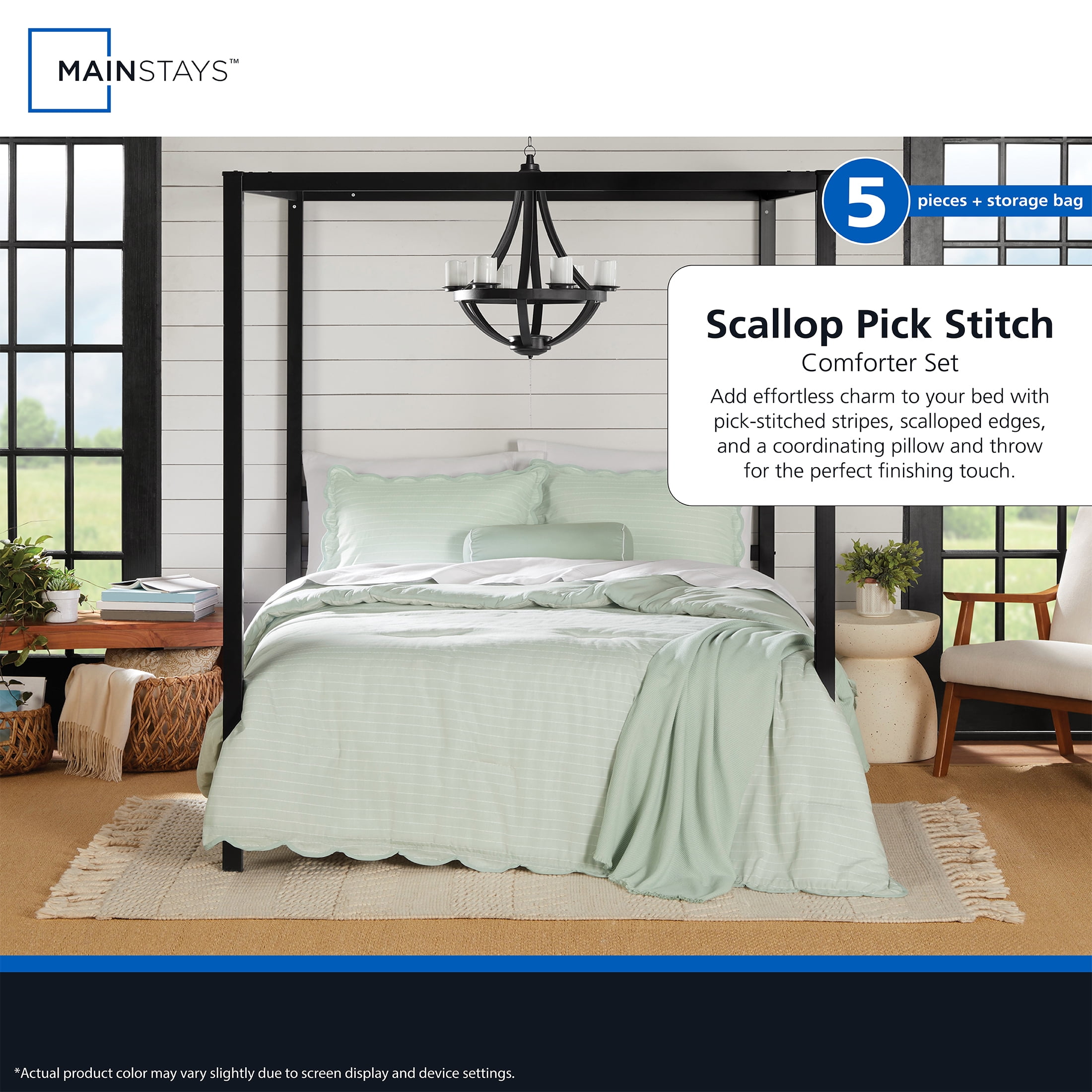 Mainstays Scallop 4-Piece Pick Stitch Sage Comforter Set, Twin/Twin XL