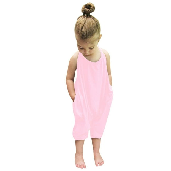 Toddler Girls Fashion Solid Casual Romper Sleeveless Spaghetti Strap Loose Romper Wide Leg Pants Outfits Girls' Fashion For 6T