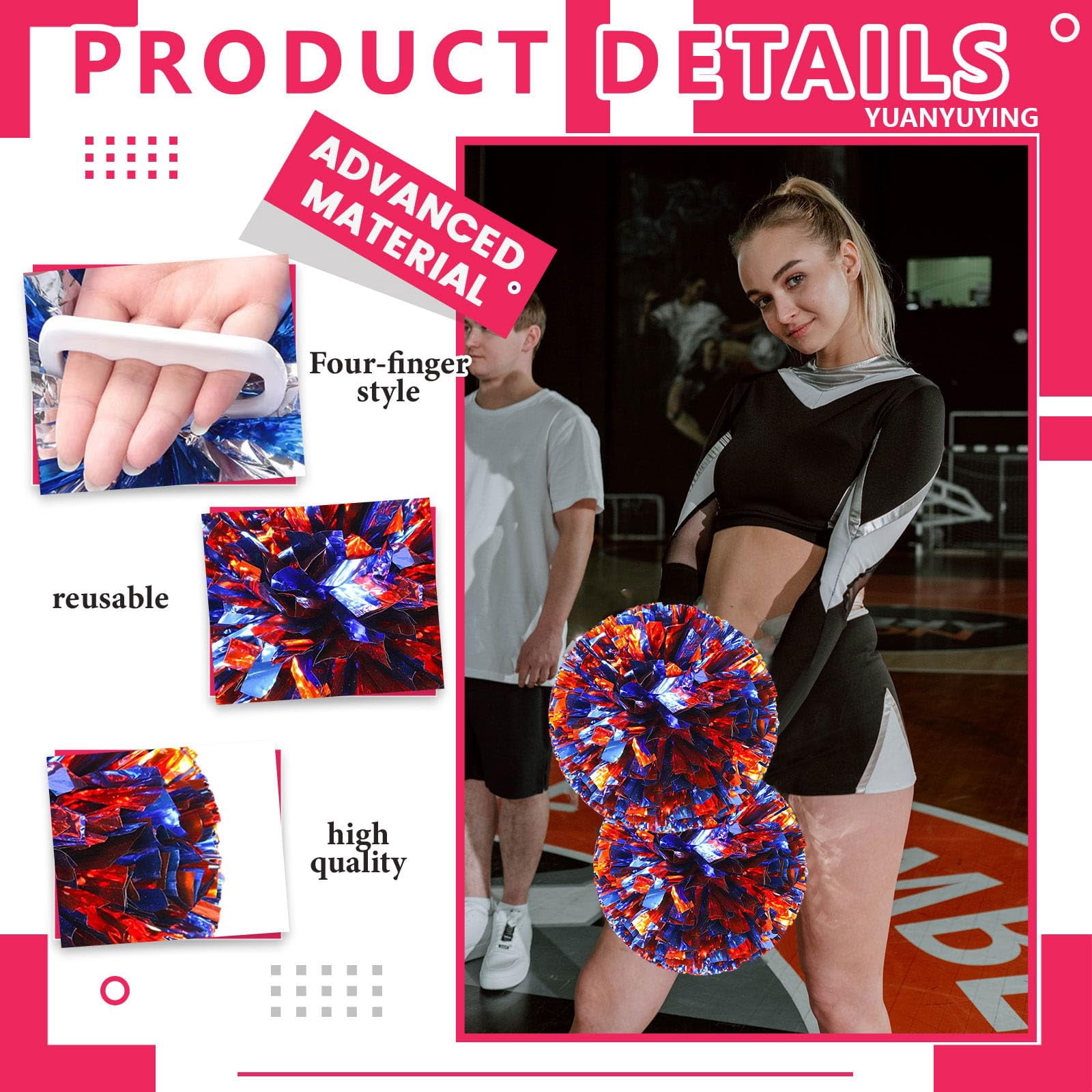 8 Pcs Cheerleading Pom Poms, Cheerleader Pompoms with Four Finger Payment,Fit for Team Spirit Sports Dance Cheering