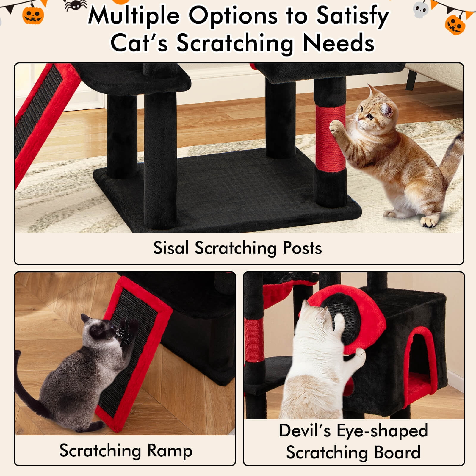 Costway Gothic Cat Tree for Indoor Cats with 2 Cat Condos & 2 Plush Perches, Dangling Balls