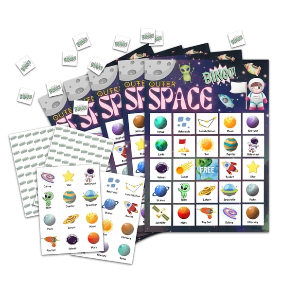Juego de Bingo OZTEMETY temática espacial para 24 jugadores con tarjetas