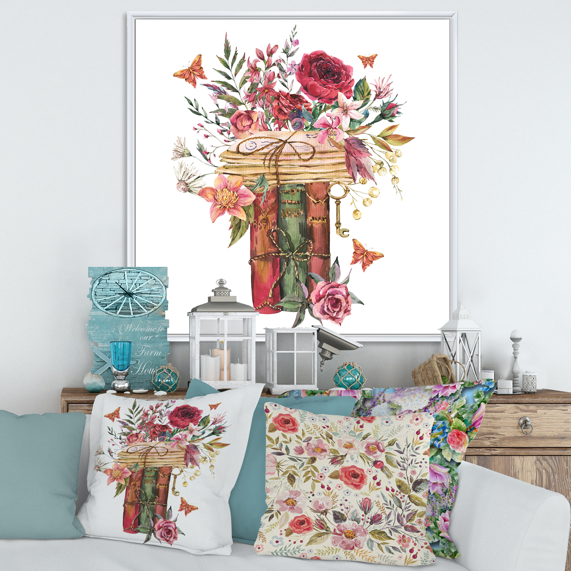 Designart 'Wildflowers With Vintage Old Books' Farmhouse Framed Canvas Wall Art Print