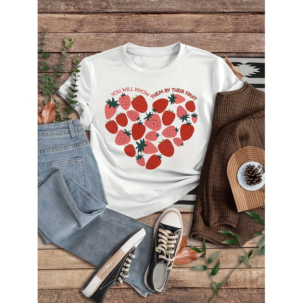 1pc Girls' Summer Casual Round Neck T-Shirt, Polyester Knit Fabric, Stretchy and Comfortable - Regular Fit, with Cartoon Strawberry Heart Print