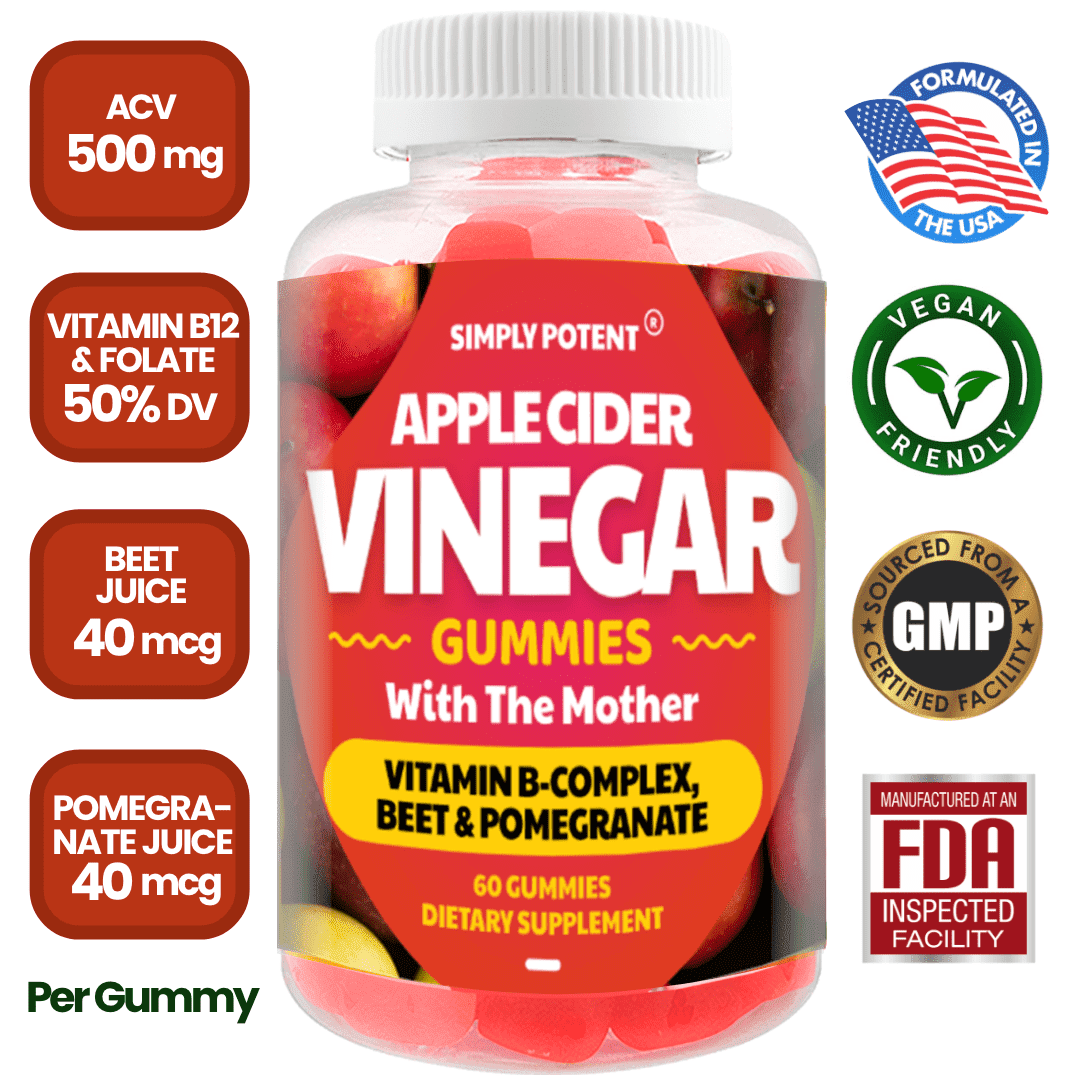 Simply Potent Apple Cider Vinegar Vegan Gummies with Mother, 500mg, for Weight Loss & Detox, 60 Count
